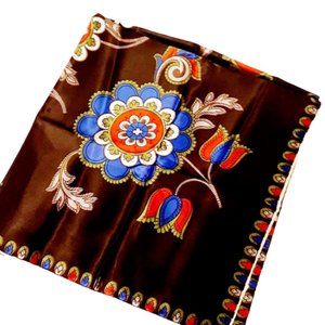 Vintage 1980s Dark Brown Large Silky Scarf With Red, Green And White Flowers 30"